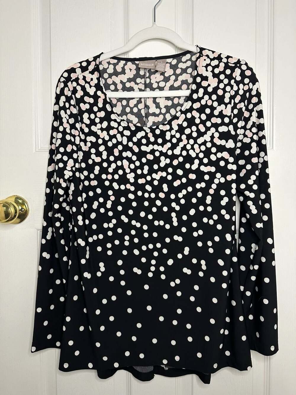 Chico's Black Long Sleeve Blouse with White and Pale Pink Polka Dot Pattern